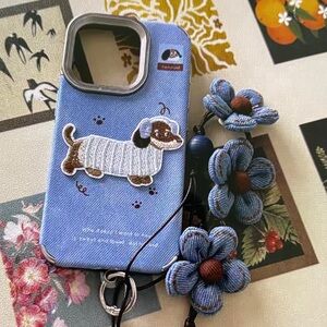Blue Dog Embroidered Phone Case with Floral Charm
